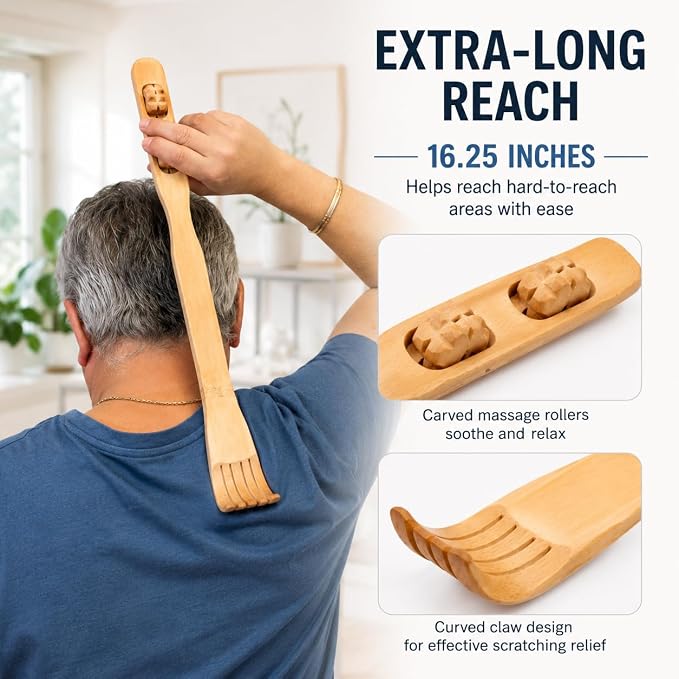 2-Pack Bamboo Back Scratcher by Dependable Industries – Long Reach, Massage Rollers, Self-Massage & Itch Relief, Eco-Friendly