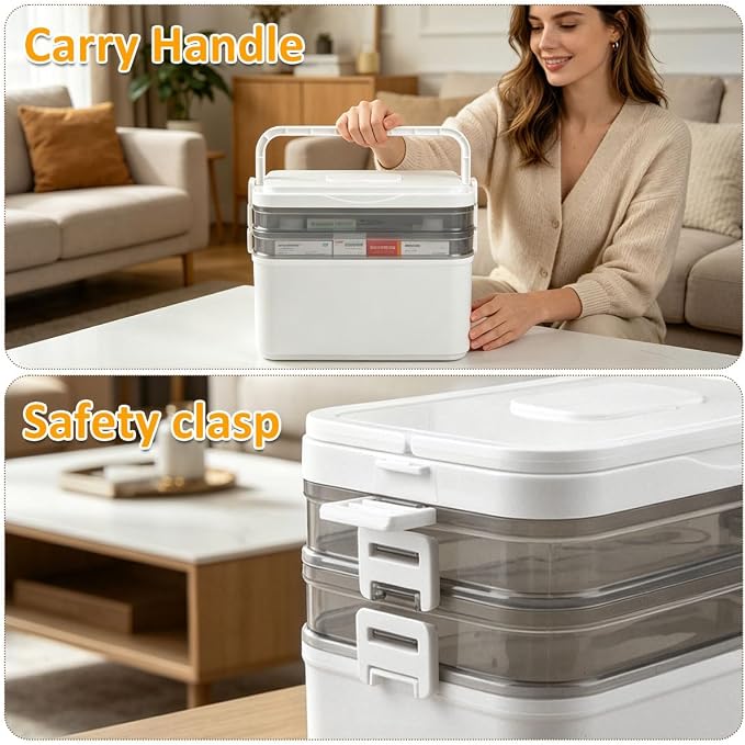 BUYGOO 3-Tier Medicine Cabinet Organizer, Medicine Organizer Box, Portable Medicine Storage Box with Handle, Pill Bottle Organizer Storage, Empty First Aid Kit Container for Home, Travel