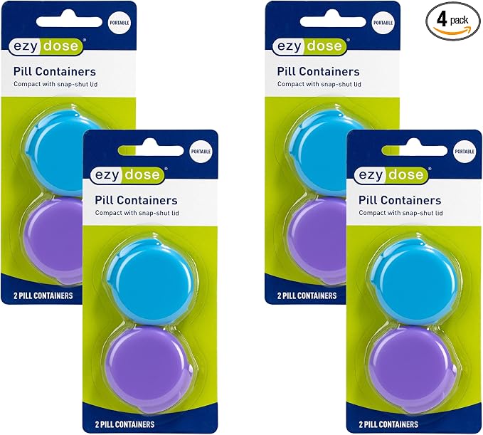 Ezy Dose Daily Round, Portable On-The-Go, Pill Box, Organizer and Vitamin Containers, Snap Shut Lids, Perfect for Traveling, Colors May Vary, 8 Pack