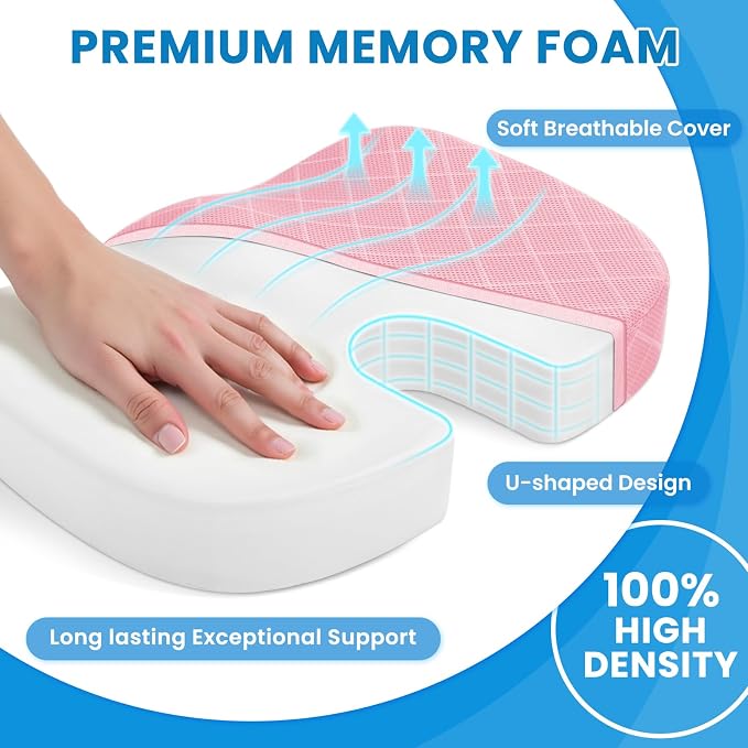 TushGuard Office/Car Seat Cushion, Non-Slip Sciatica & Back Coccyx Tailbone Pain Relief Chair Pad, Memory Foam Butt Pillow for Computer Desk, Wheelchair, Driving (Pink, XX-Large)