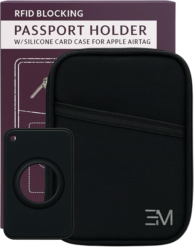 EM RFID Passport Holder with Zipper for Travel, AirTag Card Case, Black | Ideal for 1 passport, cards, cash, ID and boarding pass. Size: 4.7 x 0.8 x 6.1 in (L x W x H) with discreet AirTag pocket