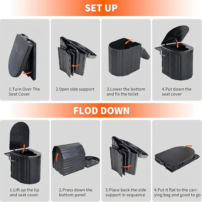 UOPBYEA Portable Camping Toilet for Adults With Urine Gel & Leak-Proof Bags | Washable, 12-Inch Extra Wide Seat, With Handle and Bracket, For Camping, Tent, Outdoor, Travel, RV, Car, Beach, Trucker, Boat
