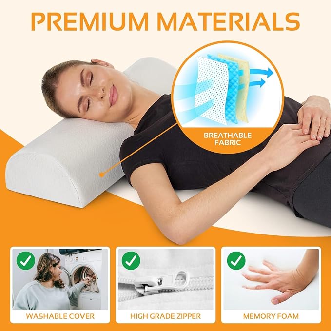 AllSett Health Large Half Moon Bolster Pillow for Legs, Knees, Lower Back and Head, Lumbar Support Pillow for Bed, Sleeping | Semi Roll for Ankle and Foot Comfort - Machine Washable Cover, White