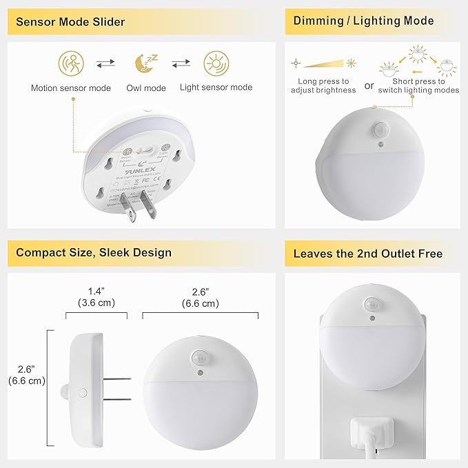 2 Pack Plug in Night Light with Motion Sensor and Dusk to Dawn Sensor, Stepless Dimming, Warm White LED Nightlight with 3 Lighting Ways for Bathroom, Bedroom, Kitchen, for Kids, Adults