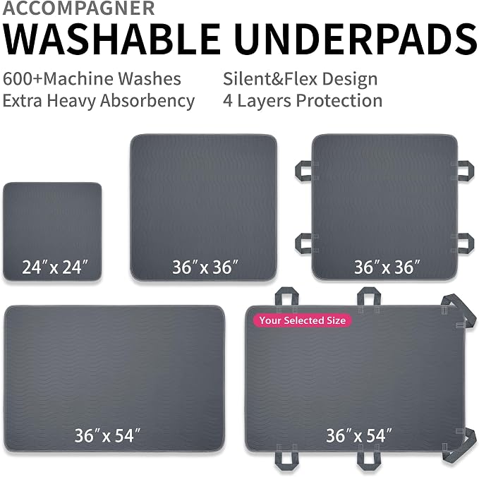 Accompagner Positioning Bed Pads Washable Waterproof, with 6 Reinforced Handles, Ultra-Absorbent, for Lifting, Turning, Transfering, Elderly and Incontinence Patients (Dark Gray, 36"x54" - Pack of 4)