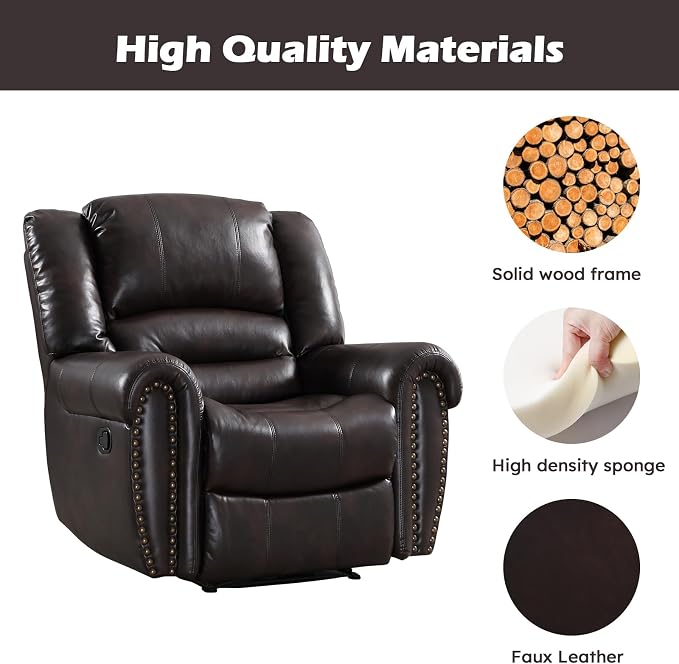 Leather Recliner Chair, Classic and Traditional Manual Recliner Chair with Comfortable Arms and Back Single Sofa for Living Room, Dark Brown