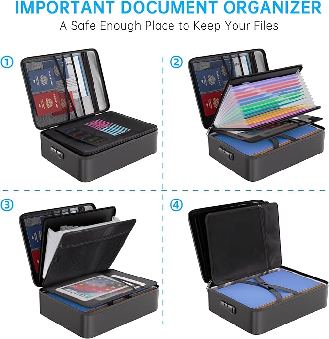 ENGPOW Fireproof Document Organizer Bag with Lock ＆ Accordion File Folder | 5200℉ Multi-Layer File Organizer Box with Lock ,Heat Insulated, Water Resistant, Safe Storage for Home Office Travel, Black
