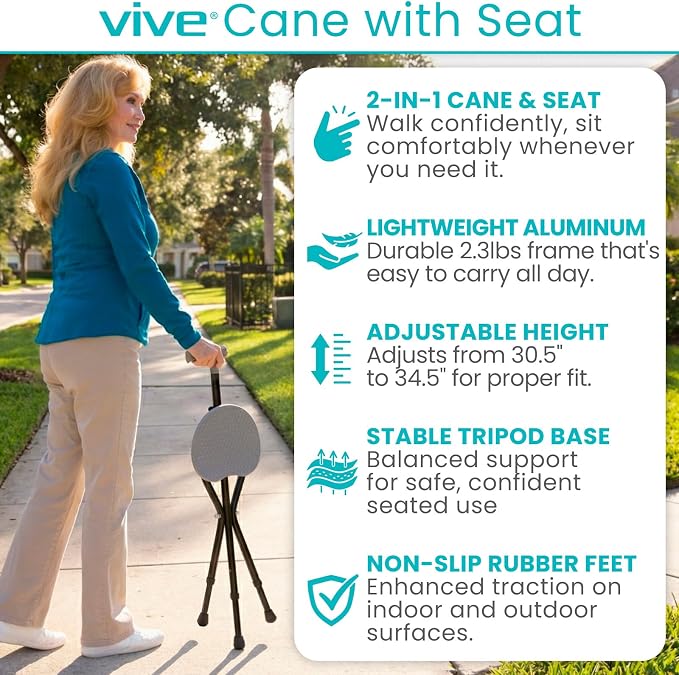 Vive Cane with Seat for Seniors - 2-in-1 Portable Cane w/Stool for Adults - Adjustable Walking Stick w/Folding Chair - Lightweight Aluminium, Anti-Slip, Easy Carry