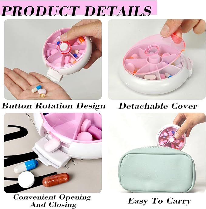Pill Organizer Travel Pill Case for Purse Portable Pill Box Round Weekiy Pill Container for Vitamin Fish Oil Pills Supplements