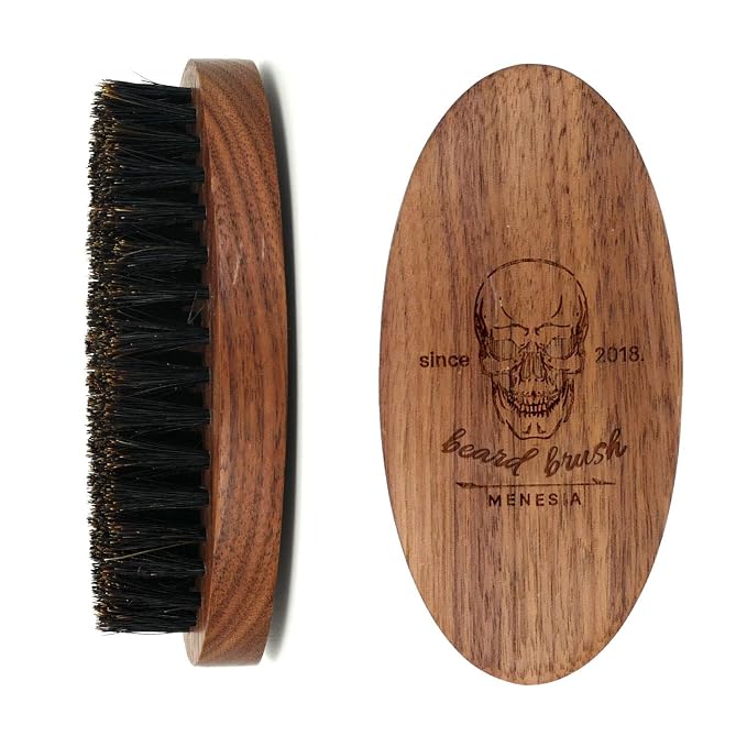 Walnut Wood Boar Bristle Beard Brush for Men | Soft & Smoothing Boar Bristles, Skull Print, Small Pocket Travel Size