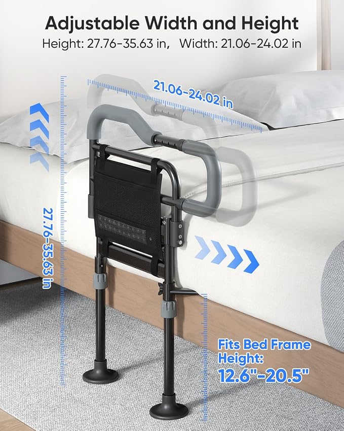 Bed Rails for Elderly Adults Safety, Foldable Bed Rail with Non-Slip Handle | Adjustable Height & Width, 350LBS Load, Large Suction Feet, Motion Sensor Light & Storage Bag, Fits 7"-13" Mattress