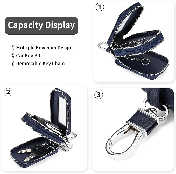 SENDEFN Car Key Fob Case Double Zipper Leather Smart Remote Keychain Protector Holder with Transparent Window