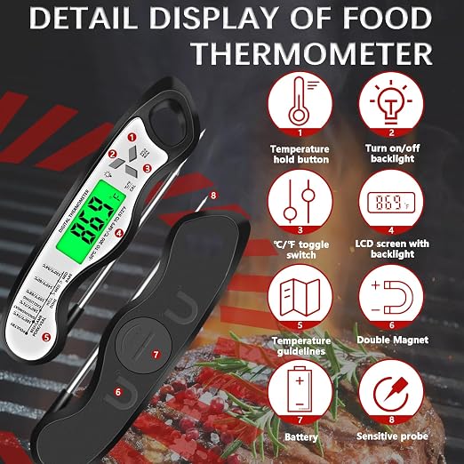 Cooking Thermometer，IP67 Waterproof Meat Thermometer Digital | Backlight，Magnetic attraction，Hold Function，Instant Read，LED screen，for Cooking,Outdoor Grilling