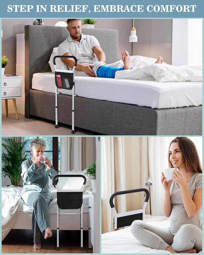 Bed Rails for Elderly Adults Safety - Adjustable Bed Assist Rail with Support Legs, Non-Slip Ergonomic Handle Bar Bed Guard Rails with Storage Bag - Fit King Queen Full Twin Beds