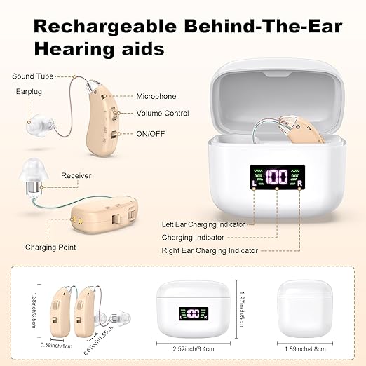 Hearing Aid for the Elderly-Easy to Operate-One Touch Adjustment-Built-in Noise Reduction-Rechargeable Hearing Aids (Skin color)