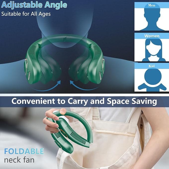 Neck Fan with Mist,Foldaway Neck Fan with Mist,Personal Fan for Neck Wearable Hanging around,Cordless Neck Coolers for Female Male Kids Dad Mom Deep Green