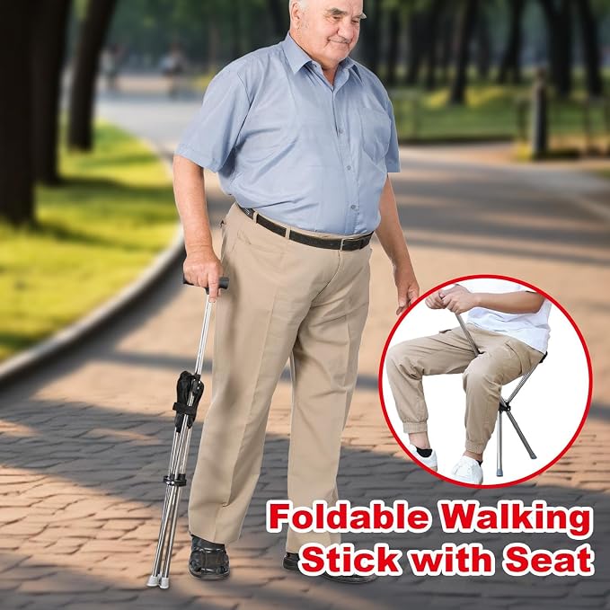 Walking Cane with Seat for Seniors, Heavy Duty Folding Walking Stick Seat, Travel Accessories Non-Slip Mobility Aids, Portable Walkings Stool for Outdoor, Travel, Queue Waiting, Hiking & Shopping