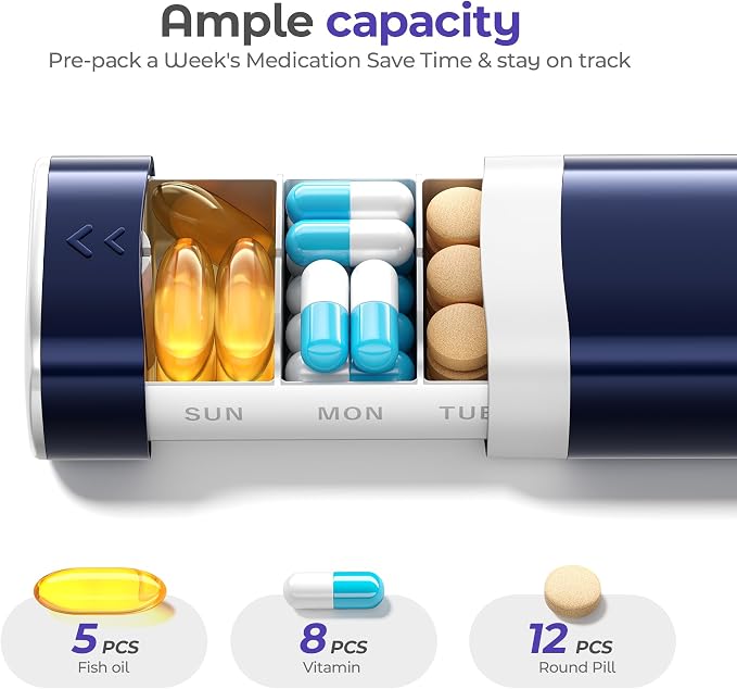 Betife Travel Pill Organizer Weekly 7 Day, Compact Daily Pill Box, Portable Medicine Case for Vitamins Supplements, Drawer-Shaped (Dark Blue)