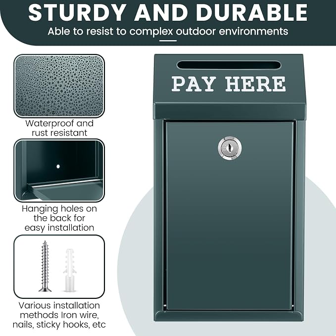 Yaocom Safe Metal Cash Box for Farm Stand – Money Drop and Secure Donation Collection, Wall Mount Lockable Unit with Pre Drilled Holes for Outdoor Self Serve(Dark Green,10.2 x 5.7 x 2.8 Inch)