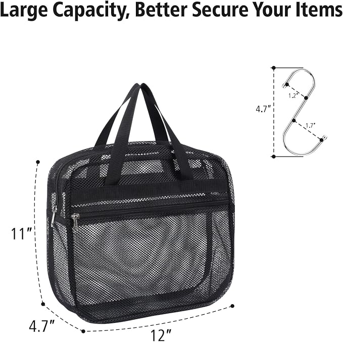 Mesh Shower Caddy Portable with Zipper - 2-Handle Shower Bag for Dorm | S-Hook, Quick-Dry Mesh, Toiletry Organizer, College Dorm Room Essentials for Girls, Camping, Gym, Travel & Bathroom, Black