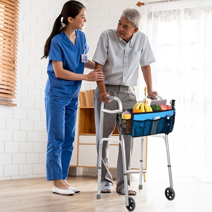 CTWWFS Upgrade Walker Basket with Cup Holder, Foldable Walker Storage Bag for seniors with Big Capacity & Never Tipping Over, Best Gift for Family (Sky Blue)