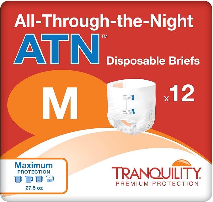 Tranquility Premium ATN Disposable Briefs with Tabs, Overnight Protection Superabsorbent Core for Leak-Free and Full-Fit Comfort, Medium 12ct Bag