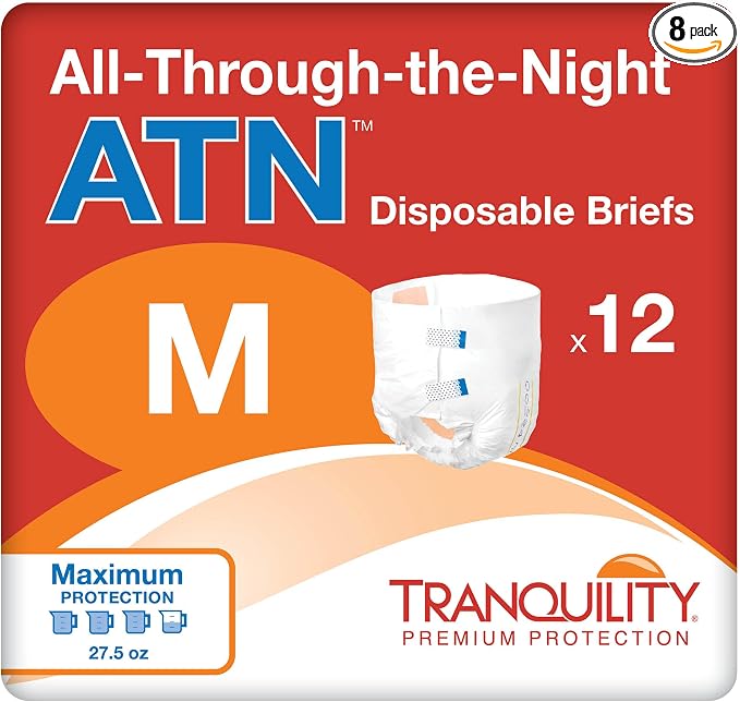 Tranquility Premium ATN Disposable Briefs with Tabs, Overnight Protection Superabsorbent Core for Leak-Free and Full-Fit Comfort, Medium 96ct Case