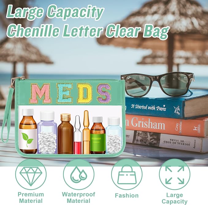 Iqimott Chenille Letter Patch Bag Clear MEDS Drugs Pouch, Preppy Portable Cosmetic Makeup Bag for Women Girls Travel, Waterproof Nylon Zipper Toiletry Medicine Storage Case Stadium Bag(Green, MEDS)