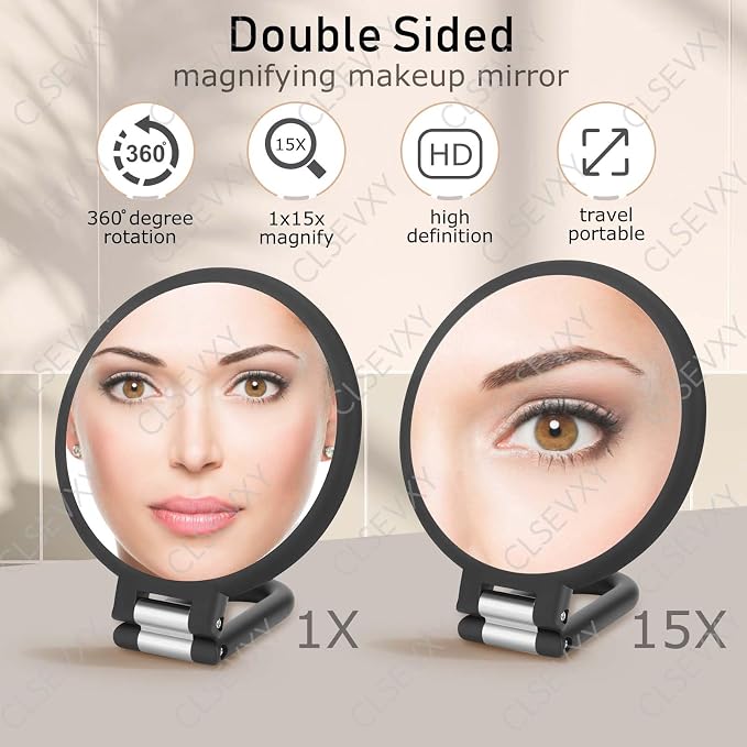 CLSEVXY Magnifying Handheld Mirror Double Sided, 1X 15X Magnification Hand Mirrors, Travel Folding Hand Held Mirror, 360°Rotation Pedestal Makeup Vanity Mirror