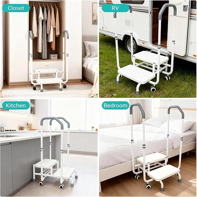 2-Step Stool with Double-Side Handrails & 4 Casters for Elderly, Bed Steps for High Beds for Adults, Non Slip Platform and Adjustable Handrail, for Kitchen Bathroom RV Bathtub, Assist Rail gray