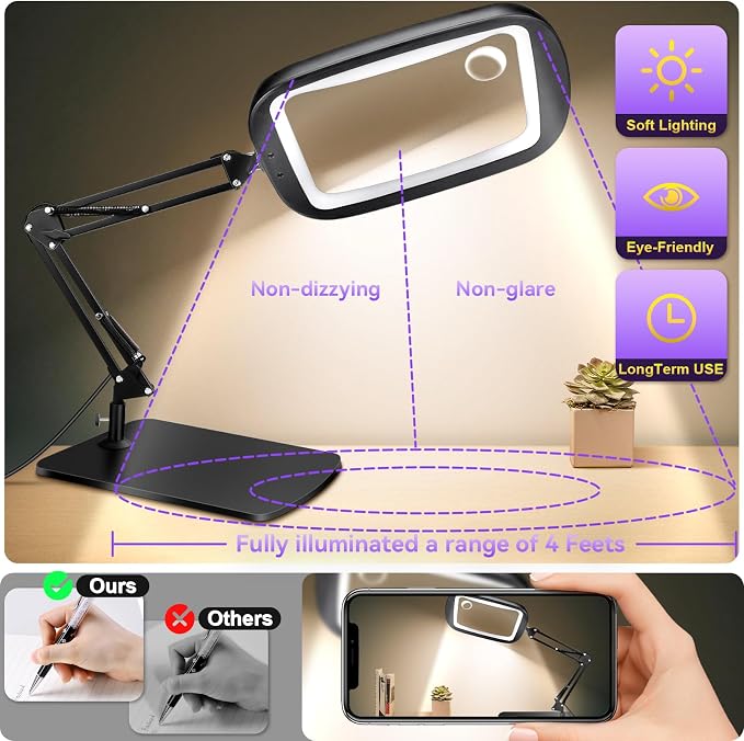 10X 30X Extra Large Magnifying Glass with Light and Stand,7-inch Lighted Magnifier,5 Color Modes Stepless Dimmable,Rectangle Hands-Free Magnifying Glass Desk Lamp for Reading Craft Hobby Close Work LB | 5 Color Modes Dimmable,Lighted Magnifier,Rectangl...