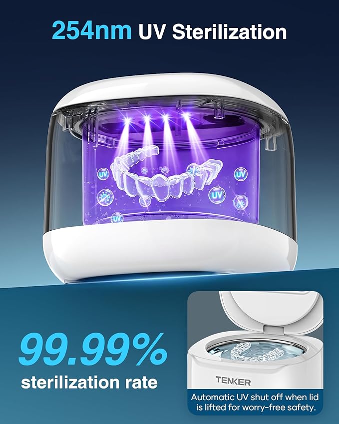 Ultrasonic Retainer Cleaner Machine, 49kHz Dental Cleaning Pod for Night Guards, Mouth Guards, Aligner, Braces, Toothbrush, Jewelry, Dentures, Ultrasonic Cleaner for Oral Dental Care, 220ML, White