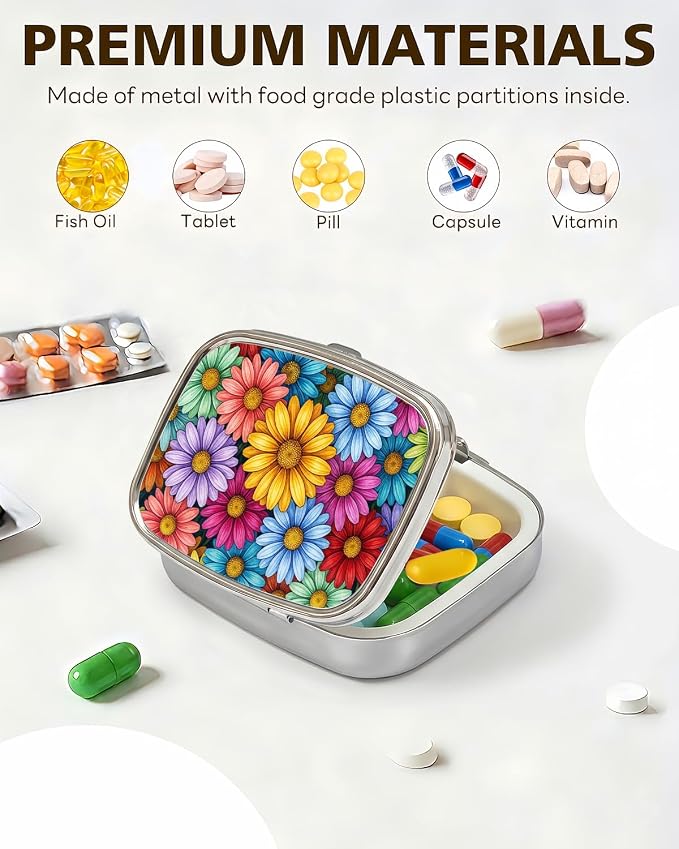 LRITER Pill Case, 2 Compartment Portable Small Travel Pill Organizer for Purse and Pocket, Stylish Medicine Case with Multiple Patterns, Daily Pillbox for Home & Travel (Sunflower)