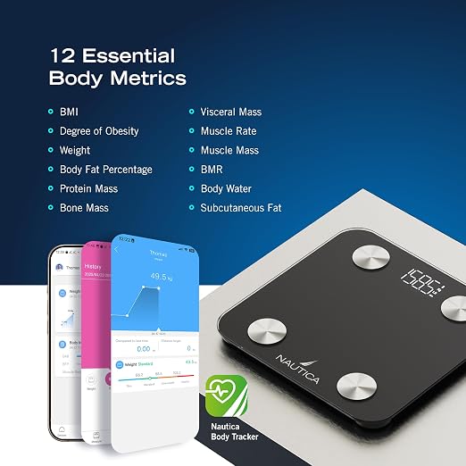 Nautica Body Tracker Digital Bathroom Scale, Bluetooth-Enabled Smart Scale with BMI, Body Fat, Muscle Mass Tracking & More, Syncs with Smartphone App for Body Composition Tracking, 396 Lbs.