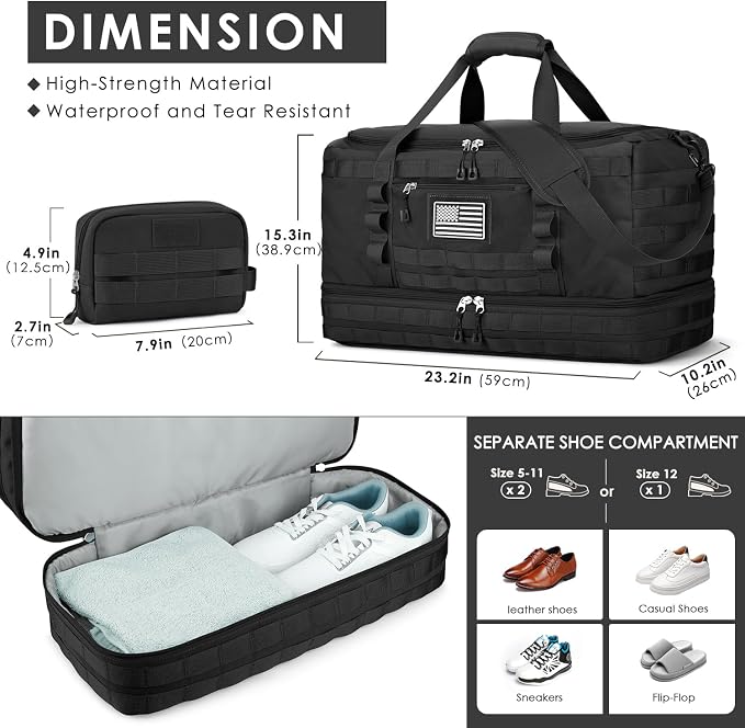 Travel Bag for Men Women, X-Large Gym Bag & Tactical Duffle Bags for Travel | Carry on with Toiletry Bag and Shoe Compartment, Weekender Overnight Duffel with Wet Pocket for Workout Medical, Black