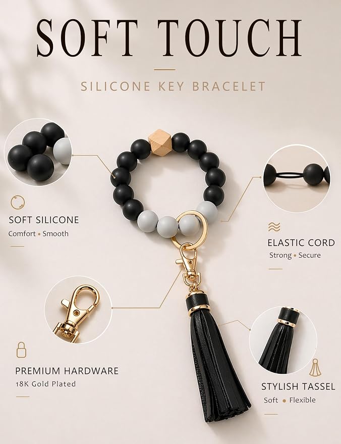 BAOSIWA Silicone Beaded Bracelet Keychain Wristlet Key Ring Bangle Chains for Women with Leather Tassel