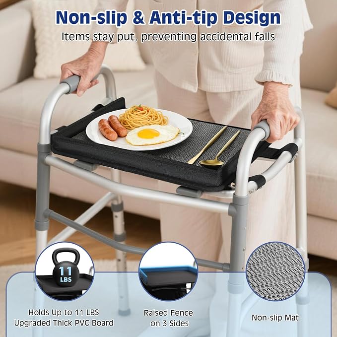 MoKo Walker Basket Bag with Tray, Upgraded Detachable Walker Tray for Folding Walkers with Non-Slip Mat, Large Storage Bag with Multi-Pockets and Cup Holder, Walkers Accessories for Senior, Black