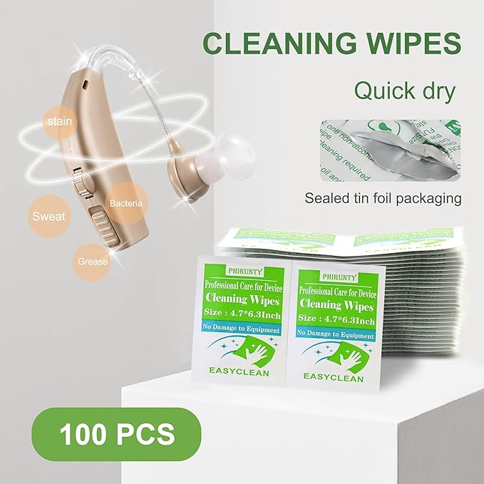 100 Count Hearing Aid Cleaning Wipes Individually Packaged Hearing Aid Audio Wipes Cleaning Tool Kit Accessories Supplies, Suitable for All Hearing Aid Brand and Hearing Aids Type(Big Size)