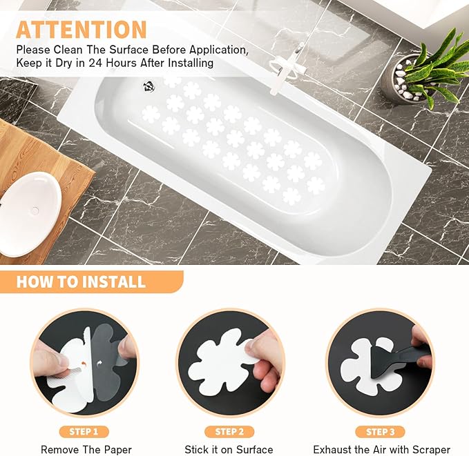 Non Slip Bathtub Stickers, 24 PCS Shower Stickers for Safety Bathroom Tubs, Bathtub Non Slip -Sticker and Adhesive Decals Scraper for Bath Tub, Shower Floor, Stairs, Ladders(Flower Shape, White)
