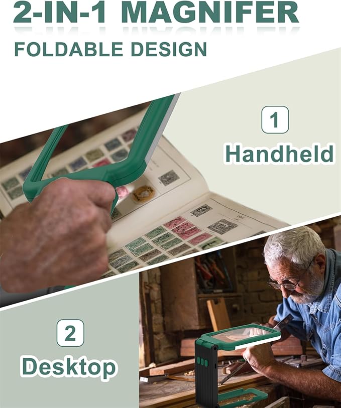 15X Magnifying Glass with Light and Stand, Rechargeable Folding Handheld Real Glass Magnifier, 3 Color Modes Dimmable Lighted Page Magnifying Sheet for Seniors Low Vision Small Prints - Green Black