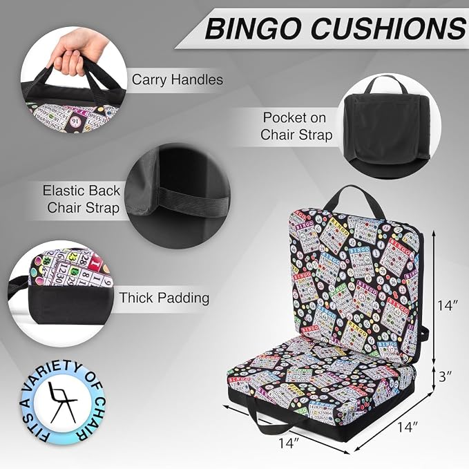 Classic Bingo Pattern Seat Cushion – Extra Thick 3” Bingo Pillow with Strap, Storage Pouch & Handles – Comfortable Folding Chair Cushion for Bingo Nights (Blue)