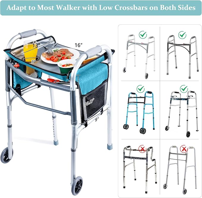 BAGSFY Walker Tray with Cup Holder & Side Pocket – Hard Top Walker Table for Seniors – Folding Walker Accessory for Meals, Reading, Drinks – Non-Slip Surface, Tool-Free Install, Universal Fit