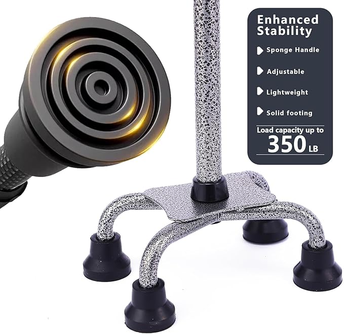 Walking Cane for Women & Men, Adjustable Quad Cane with 4-Prong Base for Stability and Balance, Folding Aluminum Walking Stick for Seniors