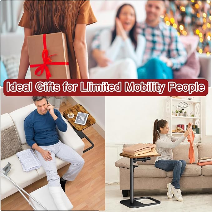 Tv Tray Table Adjustable Height Couch Side Table, Tilt Angle Adjustments-360° Swivel/180° Flip-Over Panel C-Shaped End Table With Tablet Slot, Computer Desk for Chair, Living Room (Rustic Brown)