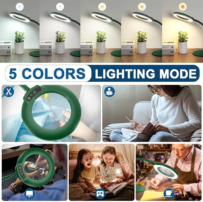 IVMAIE 12X Magnifying Glass with Light, Real Glass Lens, 5 Color Modes Dimmable, Flexible Gooseneck Lighted Magnifier with Stand, LED Desk Lamp Hands Free for Crafts Painting Reading Close Work, Green