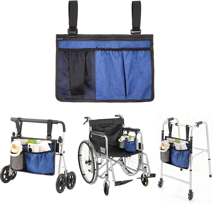 Wheelchair Side Bag, Waterproof Oxford Wheelchair Armrest Storage Pouch with Multiple Pockets, Durable Wheelchair Bags to Hang on Side for Most Wheelchairs, Walkers & Rollators(Blue)