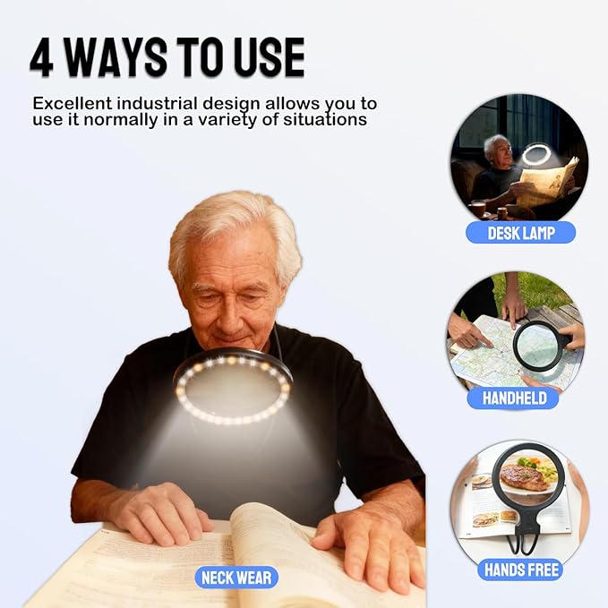 Hands-Free Magnifying Glass & Goose Neck Magnifier with Light | Neck-Worn Rechargeable for Reading, Crafts, Cross Stitch | 5X&10X Large View for Low Vision Seniors & Close Work