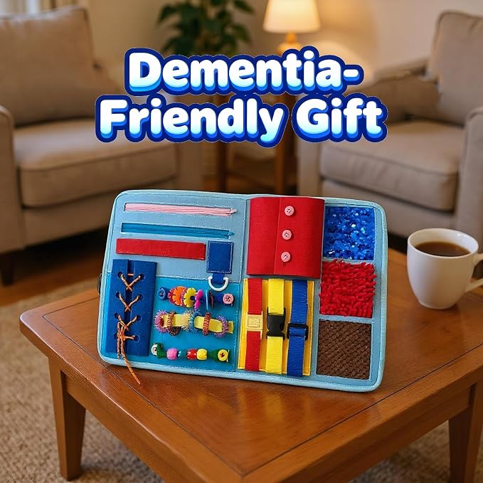Fidget Blanket for Elderly with Dementia & Alzheimer's, Sensory Activity Mat with Fine Motor Skill Items, Calming Therapeutic Blanket for Seniors, Anxiety, Autism, Machine Washable & Portable (Blue)
