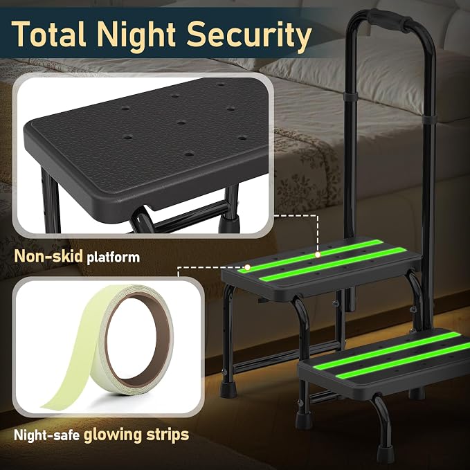 Suteck 2 Step Stool with Handle for Elderly Adults, Adjustable Handrail | 6-Leg Welded Frame, 10-Level Adjustable Handrail, Wide Non-Slip Platform, Bathroom, Kitchen, RV, Black