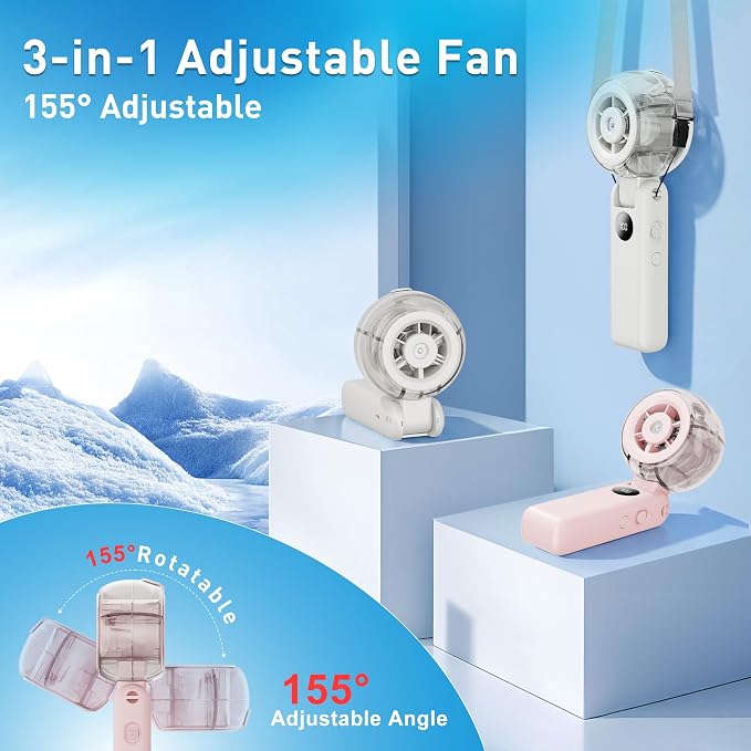 Portable Handheld Misting Fan, Personal Fan that Blow Cold Airflow | USB Rechargeable, LED Display, 100 Speeds, 155° Foldable, Small Neck Fan for Outdoor Travel, Beach, Makeup, Gifts for Women
